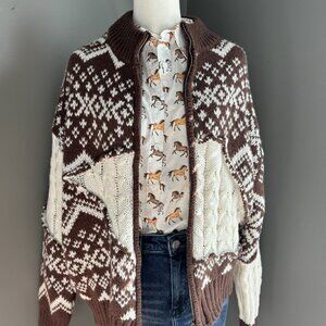 Fair Isle Cardigan Zip Up Brown NWT
